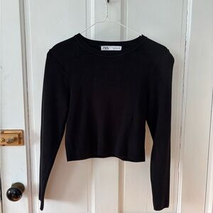 Zara Black Long Sleeve Knit Rib Crop Top